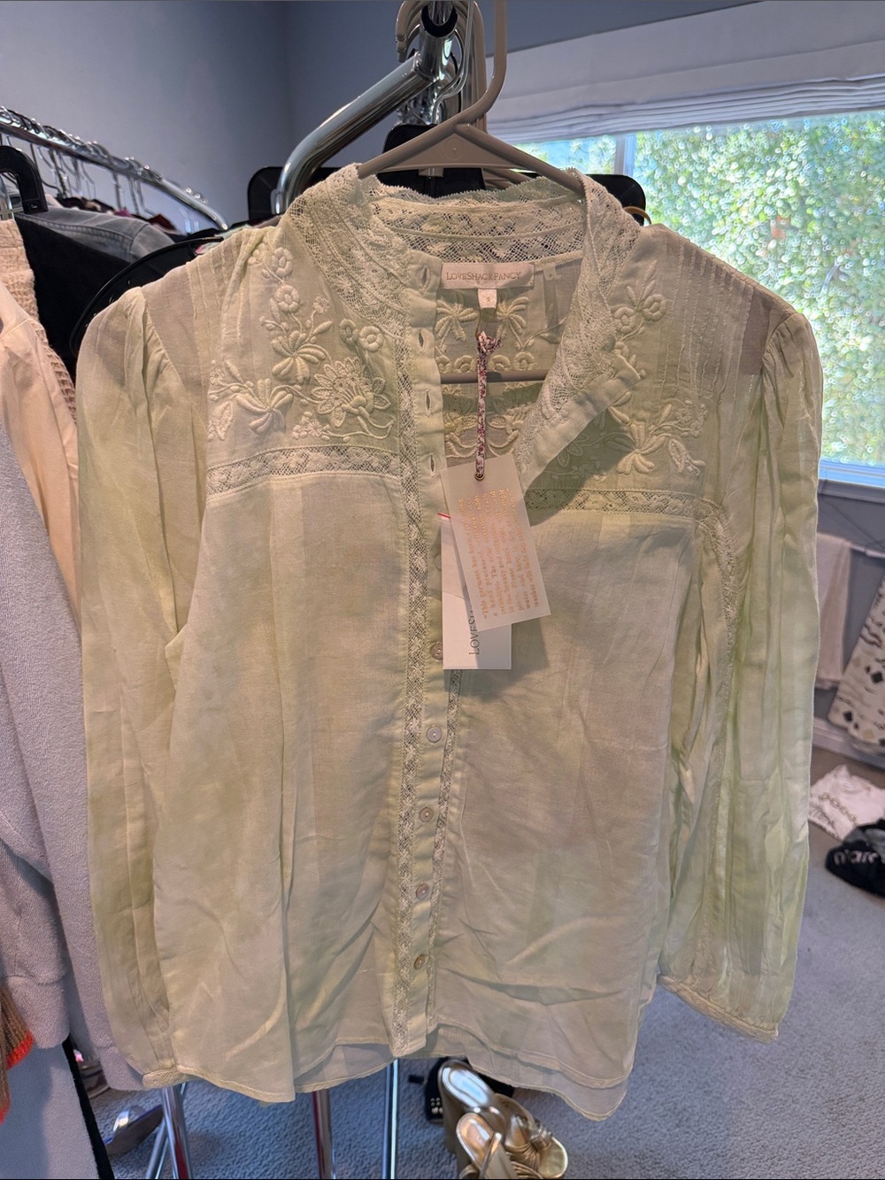 Love shack fancy Light Green Embroidered Button-Front Women’s Blouse